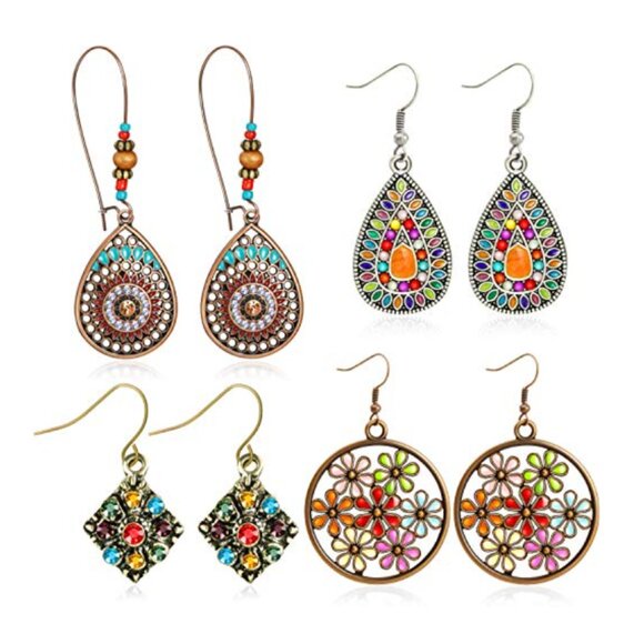 4 Pairs Bohemian Retro Dangle Earrings – Vintage Drop Set - Picture 1 of 8